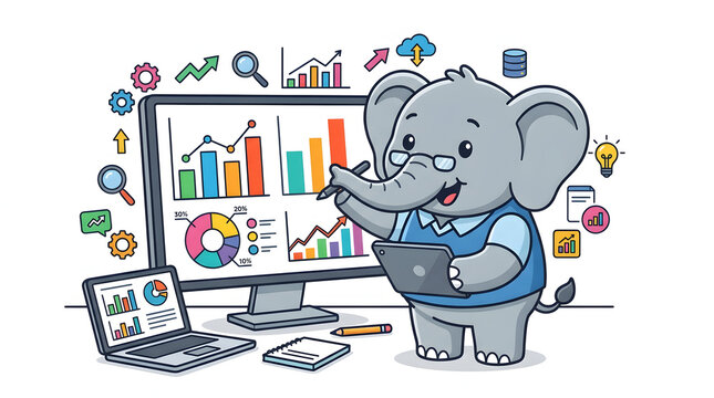 Cute cartoon elephant doing data analysis with charts, graphs, and a tablet. Smart animal character wearing glasses in a tech workspace. Flat vector illustration for business or finance concepts.