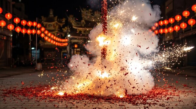 Firecrackers exploding with bright sparks and thick smoke on street during festival.