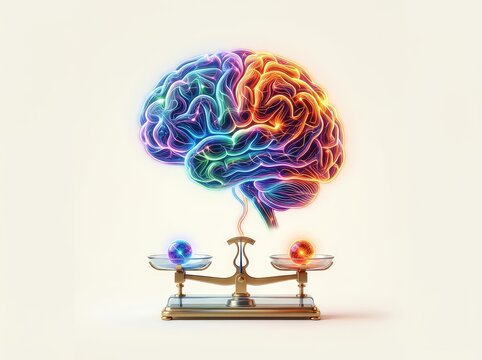 Abstract representation of bipolar disorder concept, featuring a brain with colorful neural networks, and a scale symbolizing mood balance, colorful, understanding, emotions