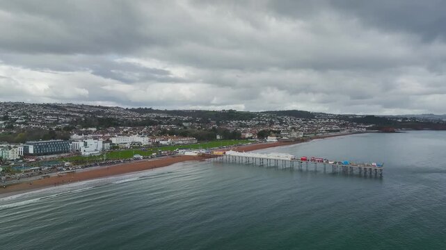 Paignton Pier and beach from a drone, Paignton, Devon, England, United Kingdom