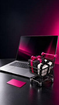 Black Friday Christmas gifts shopping cart laptop online sale discounts holiday savings spending New Year promos deals.