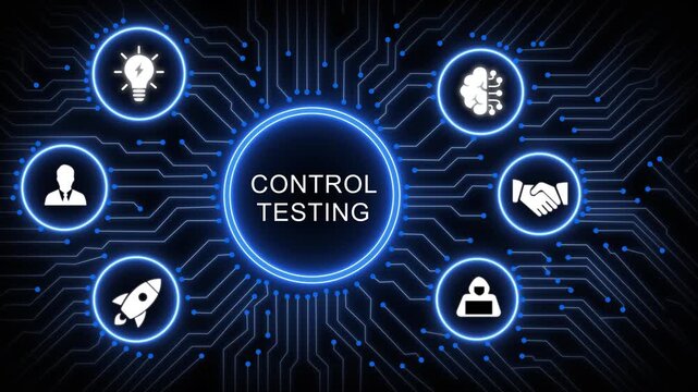Control testing digital concept featuring glowing hud interface with for artificial intelligence, business strategy, innovation, cyber security, and network management on a dark blue circuit board