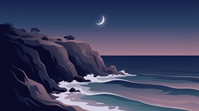 Coastal cliff landscape with crescent moon a digital vector illustration