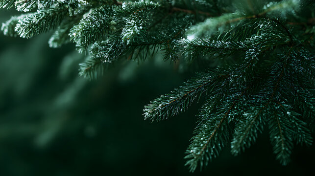 beautiful Christmas background with green fir tree branch close up. Copy space trendy, moody, dark toned design for seasonal quotes, vintage December wallpaper, natural winter holiday, forest backdrop