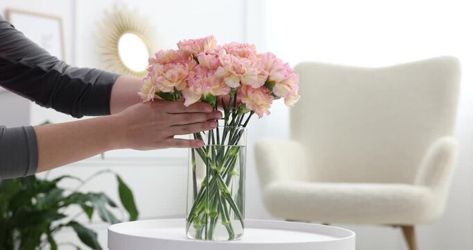 Woman arranging bouquet of beautiful carnation flowers in vase at table indoors, closeup