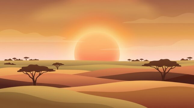 African savanna landscape with sunset and acacia trees vector illustration