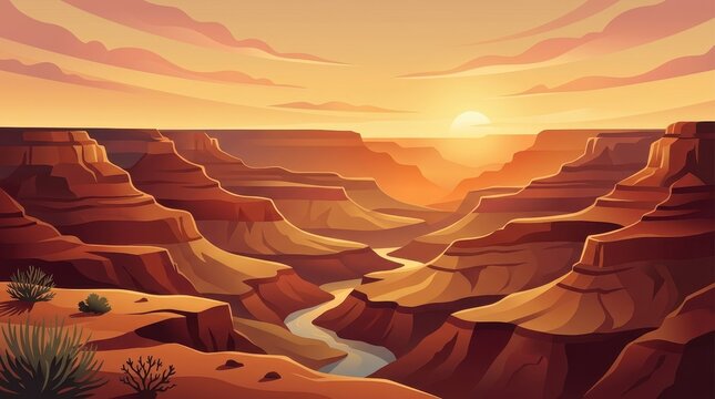 Desert canyon landscape with winding river at sunset vector illustration