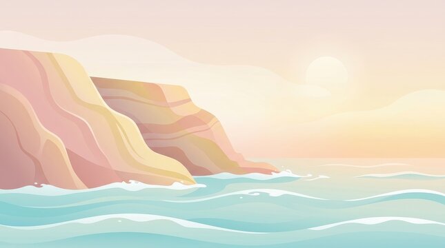 Coastal cliffs meet the ocean under a pale sunset vector illustration