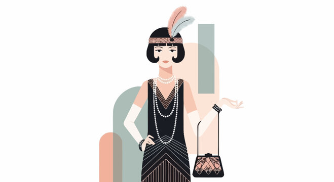 Elegant flapper woman in 1920s art deco style with bob haircut and pearls, vector illustration on white