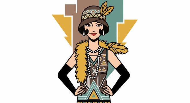 Vintage 1920s flapper girl vector illustration with art deco geometric background and retro fashion accessories