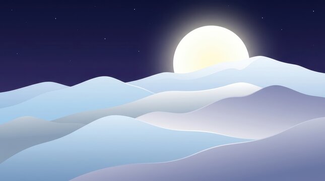Layered mountain range illustration with a bright full moon at night