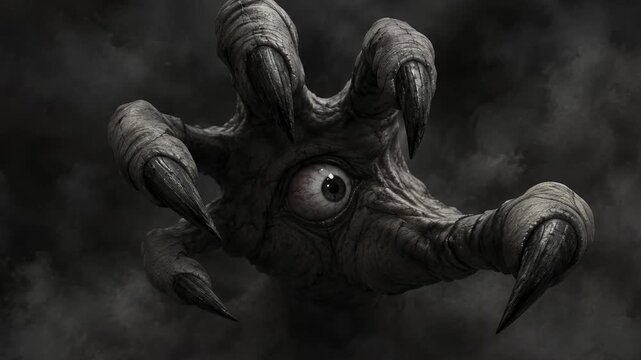Monster hand with an eye in the palm. Scary claw reaching out. Beast paw with sharp black nails. Halloween horror creature. Dark smoky background. Cyclops monster hand.