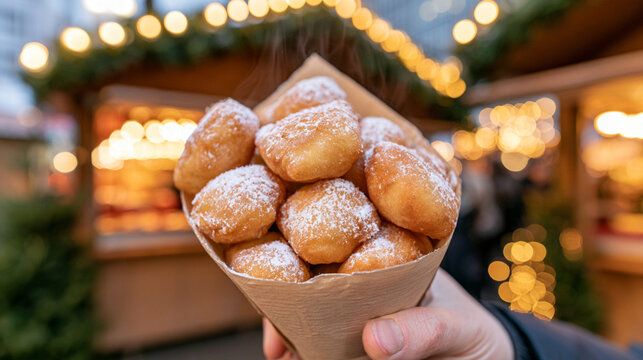Hand Holding Paper Cone of Hot German Schmalzkuchen Fried Dough Pastries with Powdered Sugar