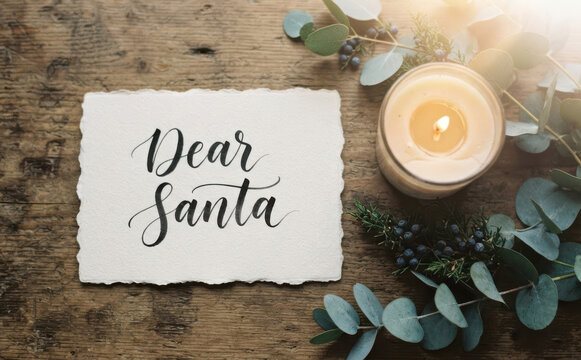 Dear Santa wish list note on rustic wooden background with burning candle and eucalyptus branches for Christmas holidays greeting card mockup