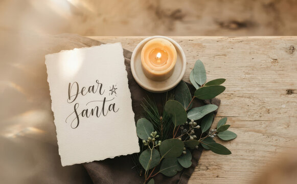 Dear Santa wish list note with burning candle and eucalyptus on wooden table for Christmas flat lay composition