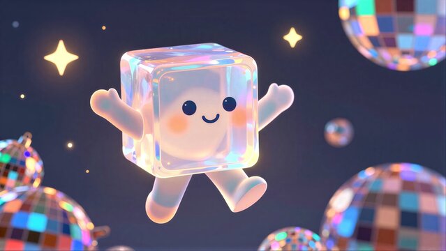 Cute ice cube character floats joyfully among sparkling disco balls under starry night sky.