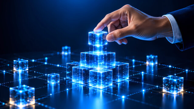 Businessman hand placing glowing digital cube building block, symbolizing technology innovation, system development, and corporate strategy