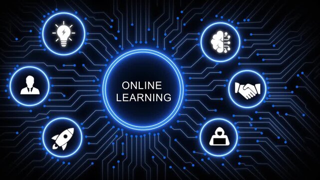 Dynamic online learning concept featuring glowing digital circuit board background, with animated representing, education, artificial intelligence, business growth, innovation, and modern e-learning