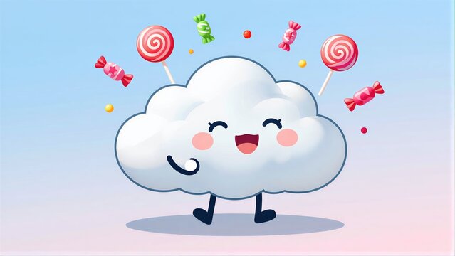Cute cloud with candy lollipops and wrappers floating around, smiling joyfully.
