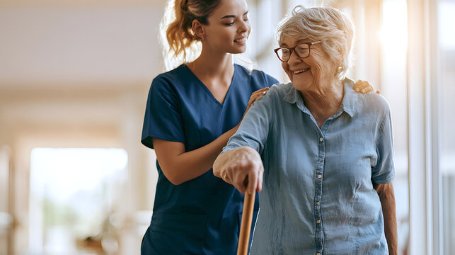 Young caregiver is helping the senior woman walk. The nurse is assisting the old woman patient at the nursing home. The senior woman, who is using a walking stick, is being helped by the nurse at home