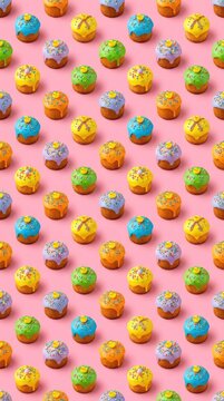 Festive seamless pattern of miniature Easter cakes with colorful icing and sprinkles on a solid pink background. Top view flat lay, background, pink background, creative