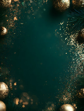 Beautiful dark green Christmas background with shining decoration and empty space. Golden glitter, confetti. Copy space for your text. Merry Christmas, Happy New Year. Festive backdrop.