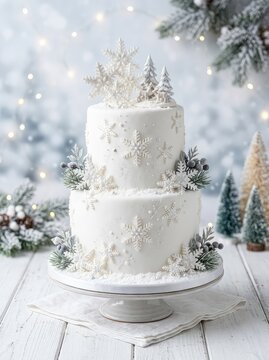 Festive winter wonderland Christmas cake adorned with edible snowflake decorations, white fondant, and a serene snowy holiday theme, party, festive, season