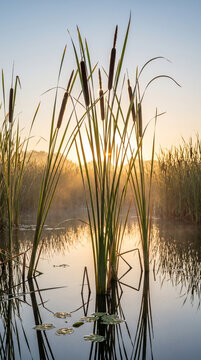 marsh wetland with cattail reeds at sunrise with reflections in water  