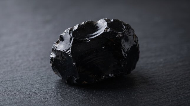 Raw black obsidian rock specimen showcasing glassy texture and volcanic geology history