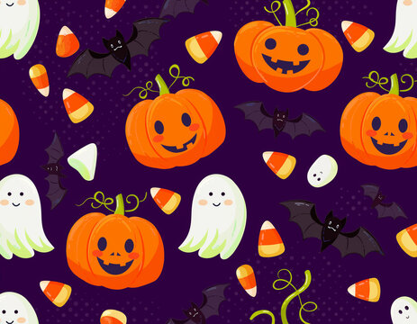 Seamless Halloween pattern background with Orange pumpkins with grinning face, White ghosts, Black bats flutter . perfect for background, halloween theme, and holiday