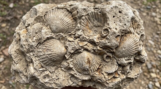 Ancient marine shell fossils preserved inside a rough fossiliferous limestone rock sample