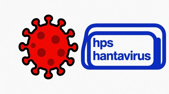 Red hantavirus microbe graphic icon next to blue label with text hps hantavirus. Medical illustration shows dangerous virus cell structure, disease name. Concept for infection warning, biohazard