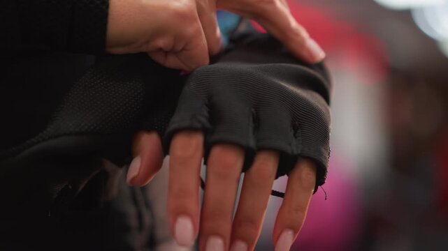 Close up view shows woman hand gripping and pulling on strap of her black fingerless glove then adjusting it over fingers. focus remains tightly on hands and gloves throughout with soft