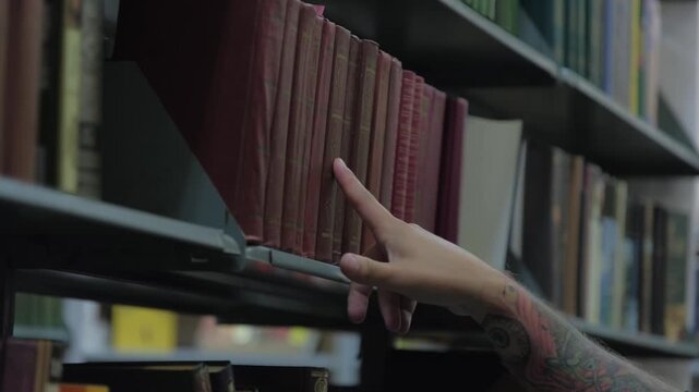 Picking a book from a shelf in a library while browsing titles and authors
