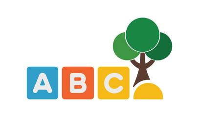 Alphabet Blocks and Tree Illustration: A colorful and simple illustration featuring alphabet blocks with letters A, B, and C arranged next to a stylized tree and a small mound of earth. © Joba Vector Studio