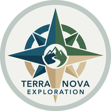 Terra Nova Exploration logo featuring a vintage compass rose with mountains and a winding river symbolizing adventure, travel, and outdoor discovery