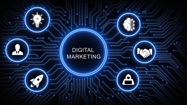 Dynamic digital marketing concept featuring glowing circuit board background, with animated representing, strategy, artificial intelligence, business growth, innovation, and global connectivity