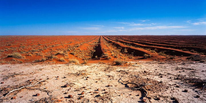 Vast red desert landscape with parallel tracks and sparse dry vegetation under blue sky