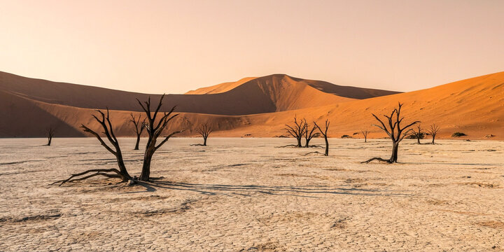 Dead trees in Deadvlei clay pan surrounded by massive orange sand dunes