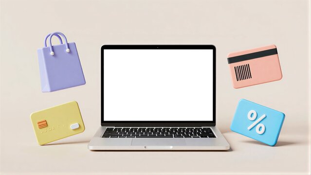 Online shopping with laptop, cart, credit card, and discount symbols floating nearby.