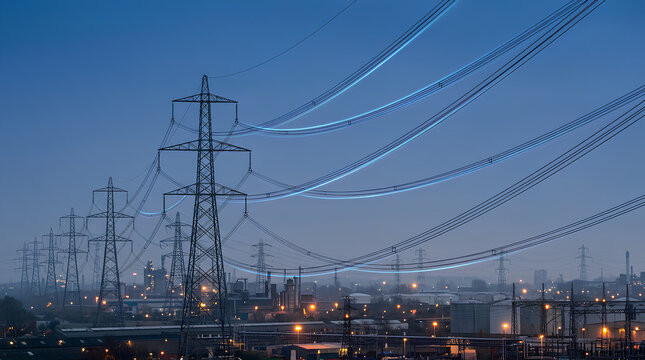 industrial power lines crossing a cityscape at dusk with urban lighting and distant building silhouettes