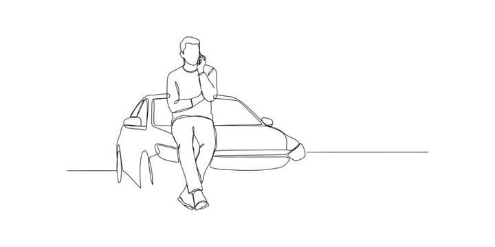 Continuous single line drawing of a man sitting on the hood of his car talking on a mobile phone