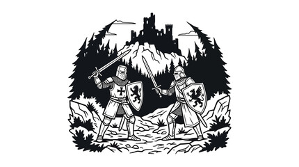 Fototapeta premium Knights in Armor Fighting Near Castle Ruins