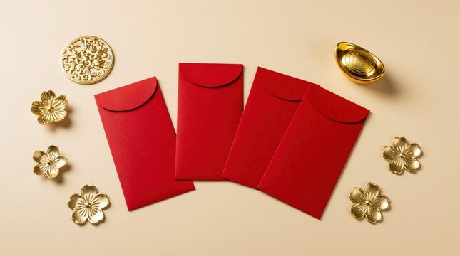 Red envelopes with gold decor on beige background. Minimalist Chinese New Year hongbao set for Lunar New Year celebration. Gold flowers, sycee ingot, ornament layout for festive greeting card