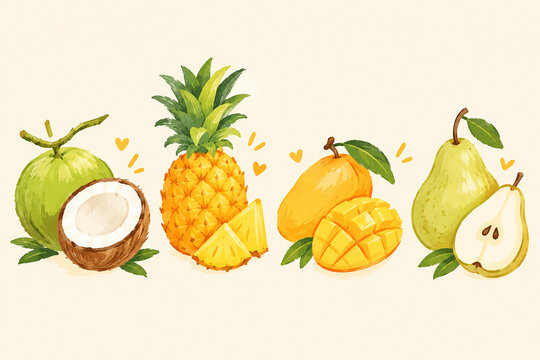 This series of fruit images, featuring warm tones, offers charming illustrations created in a minimalist style.