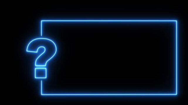 Question mark neon sign light on black background. Quiz trivia game competition. blue neon question mark frame for quizzes and FAQs. Answer question, Examination test.