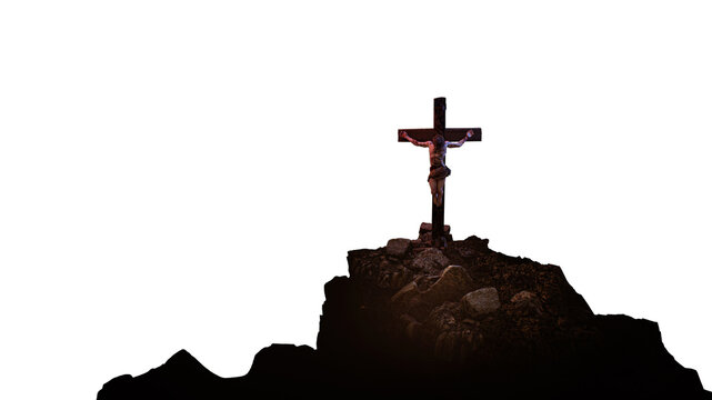 Jesus Christ Crucified on Cross at Golgotha Isolated on White Background 3d render 