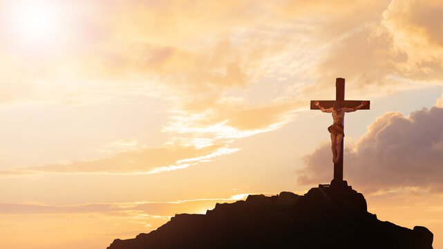 Jesus Christ Crucified on Cross at Golgotha Against Dramatic Sunset Sky 3D Render