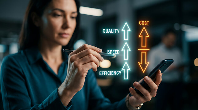 Businesswoman comparing mobile app performance with quality speed