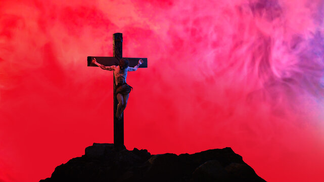 Jesus Christ Crucified on Cross at Golgotha Against Red Sky 3D Render